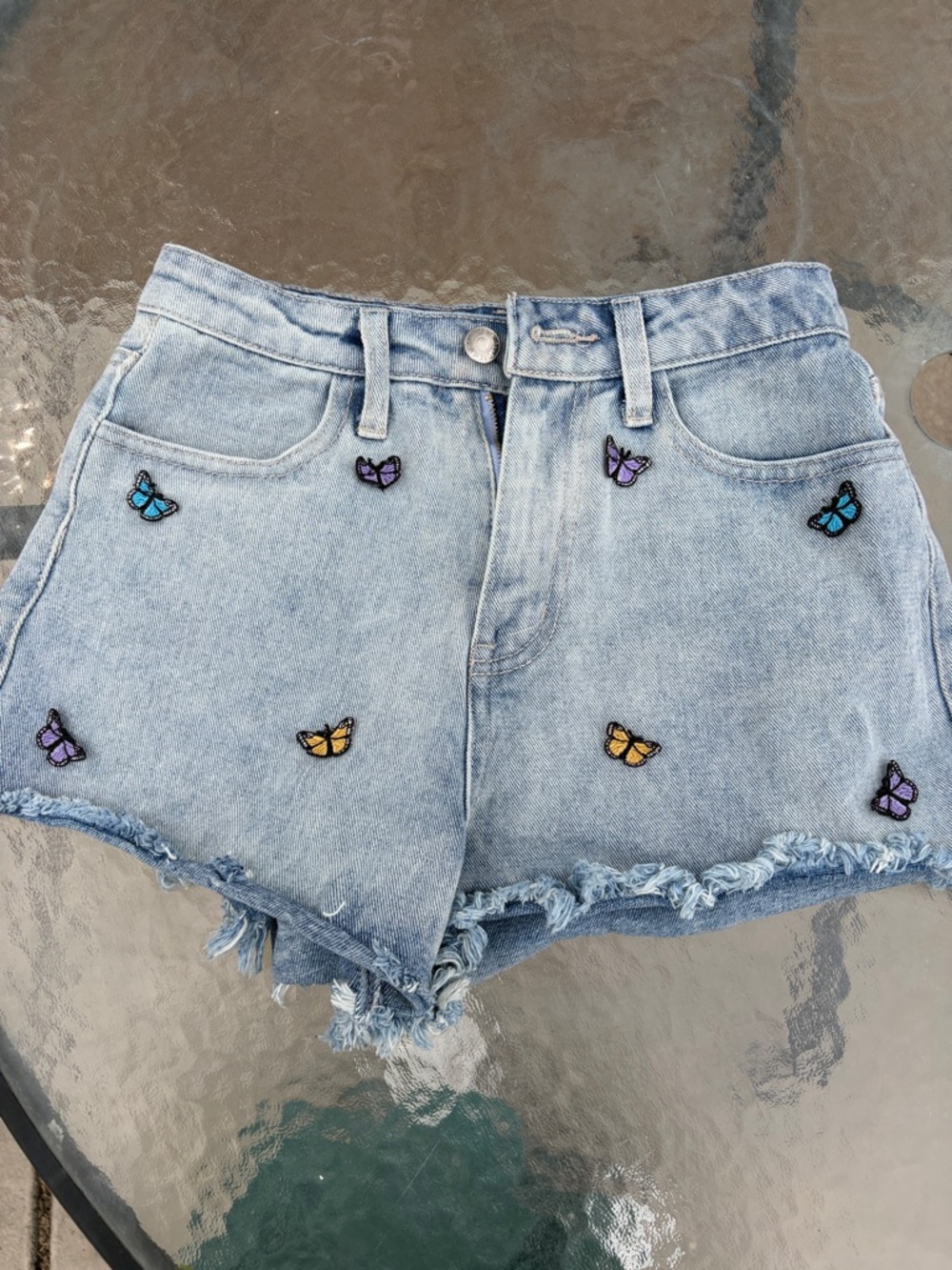 Forever 21 Light Wash Denim Shorts with Multicolor Butterfly Patches